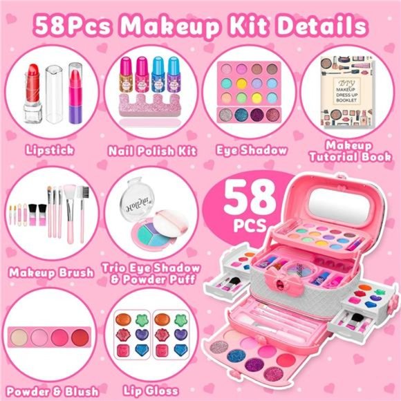 58 Pcs Makeup Set with Real Cosmetic, Washable Make Up Kit (Pink) For Kids - Picture 3 of 6